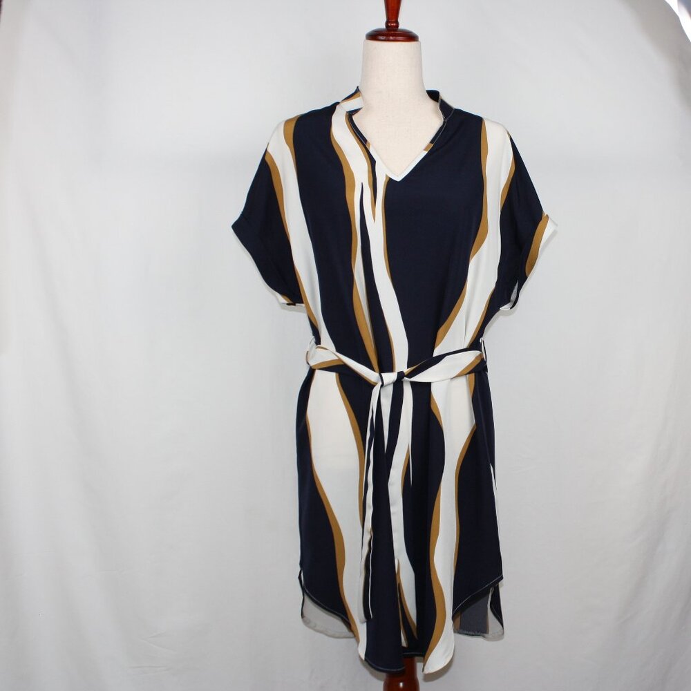 Abstract Stripped Navy, White, Tan 100% Polyester Women's L Dress w/Belt